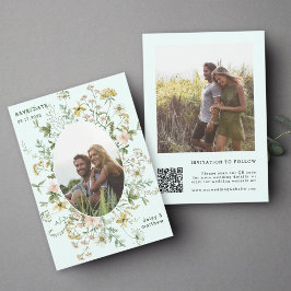 Wildflower Lijst 2 foto bruiloft QR Code Mint Save The Date