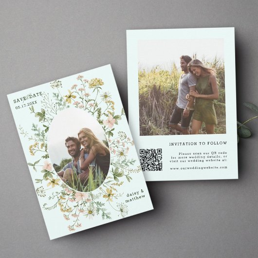 Wildflower Lijst 2 foto bruiloft QR Code Mint Save The Date