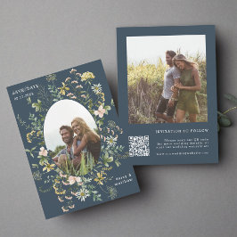 Wildflower Lijst 2 foto bruiloft QR Code Navy Blue Save The Date