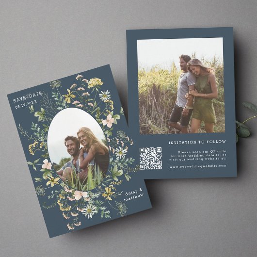 Wildflower Lijst 2 foto bruiloft QR Code Navy Blue Save The Date