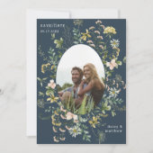 Wildflower Lijst 2 foto bruiloft QR Code Navy Blue Save The Date (Voorkant)