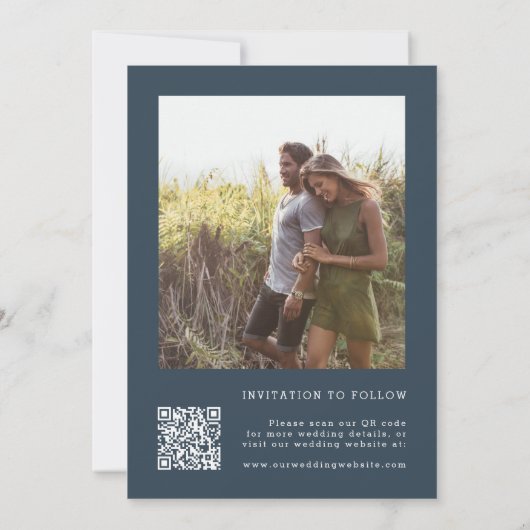 Wildflower Lijst 2 foto bruiloft QR Code Navy Blue Save The Date (Achterkant)