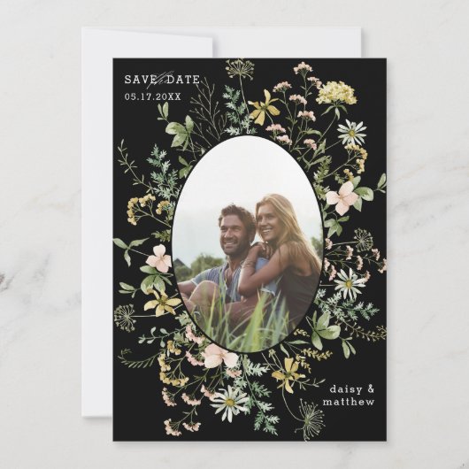 Wildflower Lijst 2 foto bruiloft QR Code Zwart Save The Date (Voorkant)