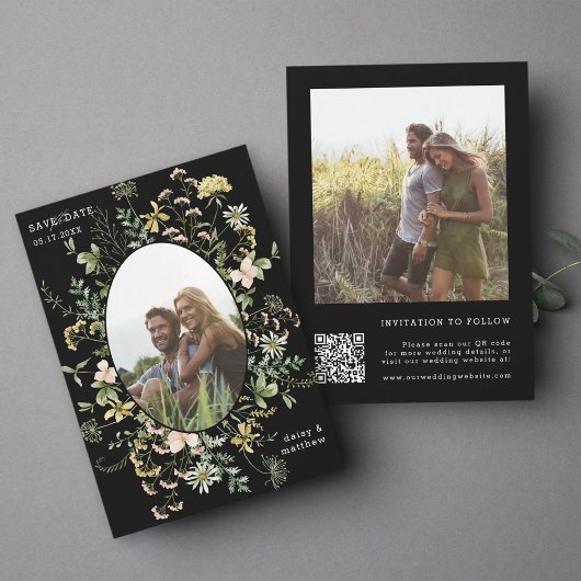 Wildflower Lijst 2 foto bruiloft QR Code Zwart Save The Date