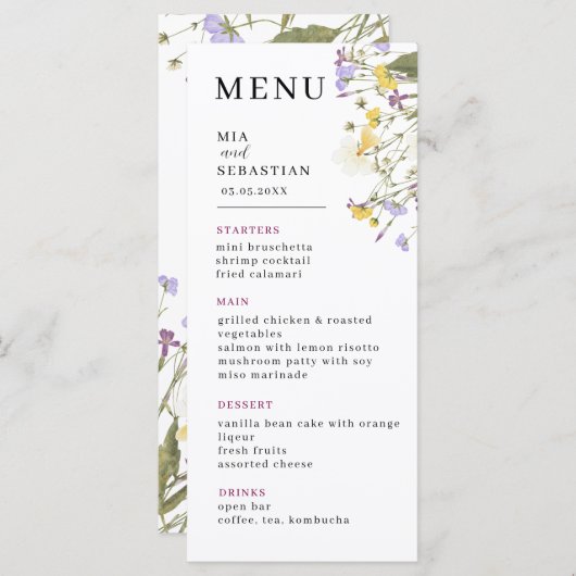 Wildflower Lila bruiloft Menu (Voorkant / Achterkant)