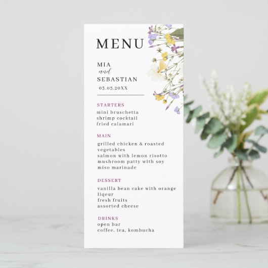Wildflower Lila bruiloft Menu (Staand voorkant)