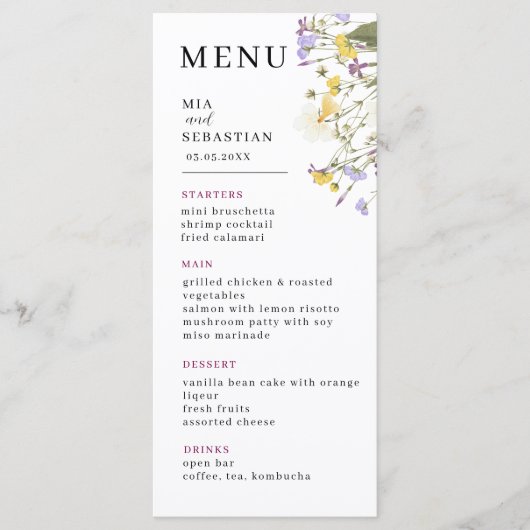 Wildflower Lila bruiloft Menu (Voorkant)