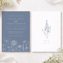 Wildflower Line Art Periwinkle Wedding  Kaart