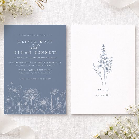 Wildflower Line Art Periwinkle Wedding Kaart