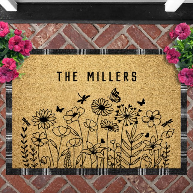 Wildflower Line Art Personalized Welcome Custom Deurmat (Wildflower Line Art Personalized Doormat | Custom Text Welcome Mat Housewarming Gift)