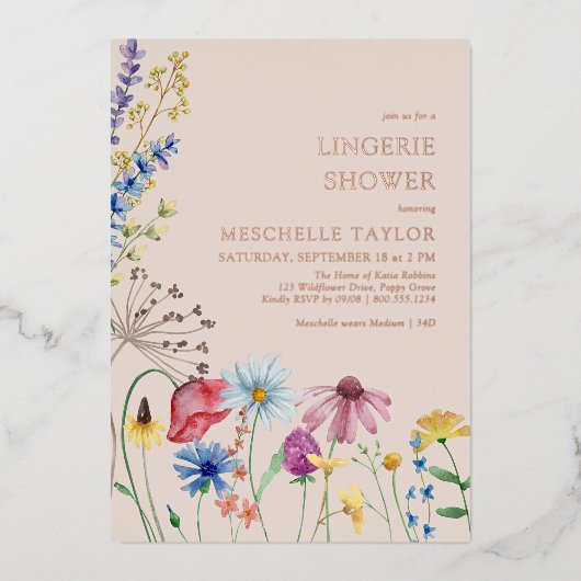 Wildflower Lingerie Shower Rustic Roos Gold Folie Uitnodiging (Voorkant)