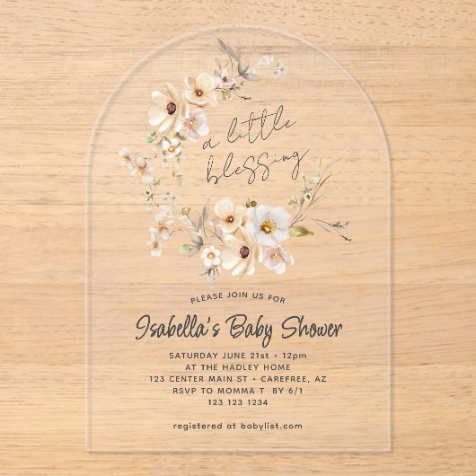 Wildflower Little Blessing Baby shower Acryl Uitnodigingen (Voorkant)