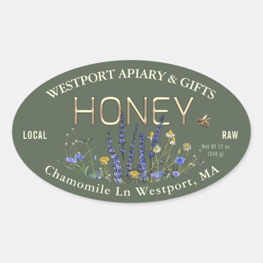 Wildflower lokaal ruw honing label bij groen goud (Voorkant)