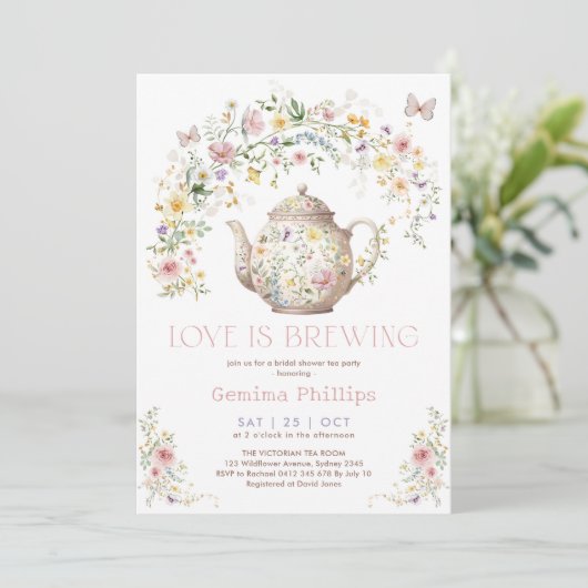 Wildflower Love is Brewing Tea Party Vrijgezellenf Kaart (Staand voorkant)