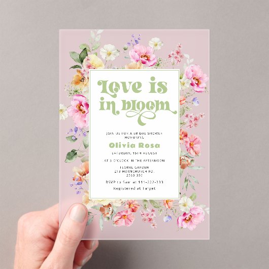 Wildflower Love is te zien in Bloom Pink Vrijgezel Acryl Uitnodigingen (Insitu (Draagbaar))
