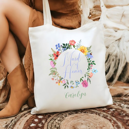 Wildflower Maid of Honor Script Wedding Tote Bag