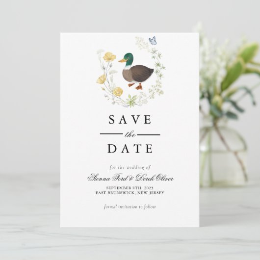 Wildflower Mallard Duck bruiloft Save The Date (Staand voorkant)