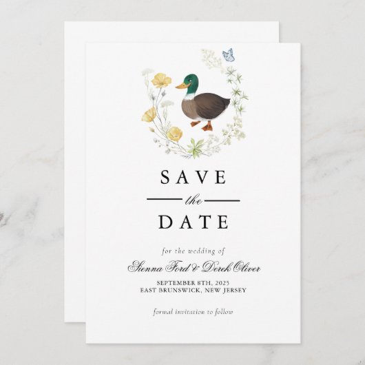 Wildflower Mallard Duck bruiloft Save The Date (Voorkant / Achterkant)