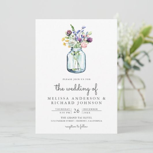 Wildflower Mason Jar Photo Collage QR Code Wedding Kaart (Staand voorkant)