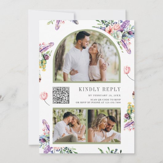 Wildflower Mason Jar Photo Collage QR Code Wedding Kaart (Achterkant)