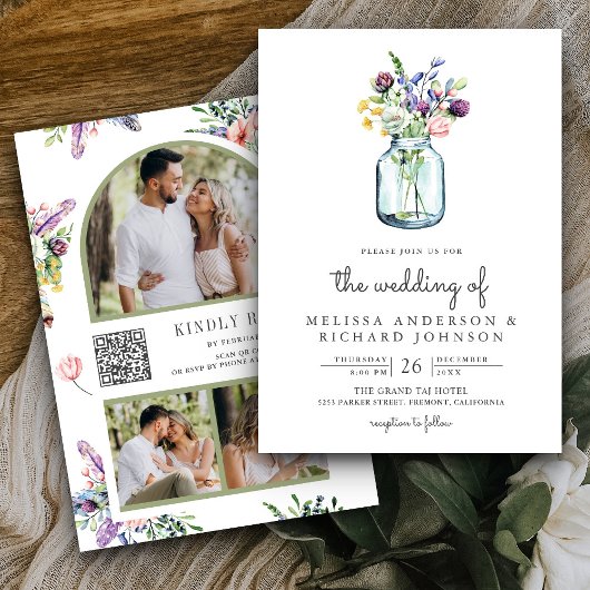 Wildflower Mason Jar Photo Collage QR Code Wedding Kaart