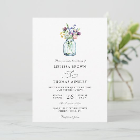 Wildflower Mason Jar Rustic Budget QR Code Wedding Kaart (Staand voorkant)