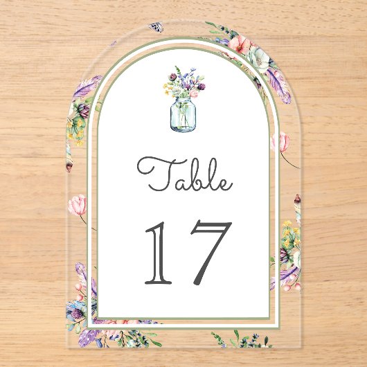 Wildflower Mason Jar Wedding Acrylic Table Number Acryl Uitnodigingen (Voorkant)