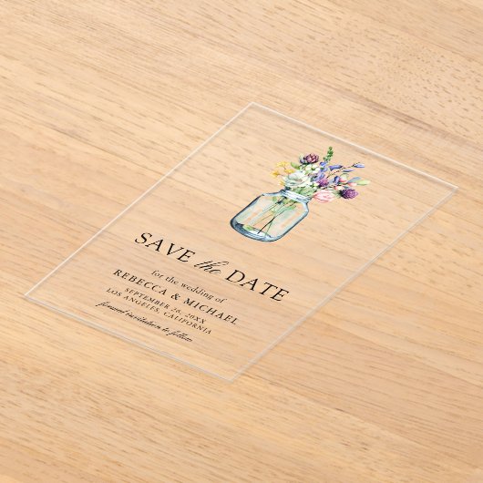 Wildflower Mason Jar Wedding Save the Date Acryl Uitnodigingen (Laagn)