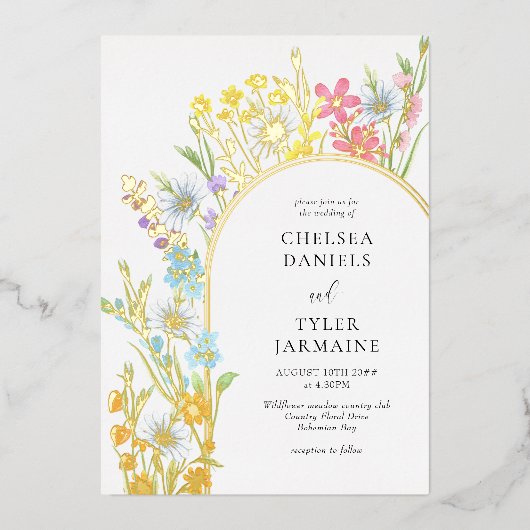 Wildflower Meadow Arch Elegant Bloemen Bruiloft Go Folie Uitnodiging (Voorkant)
