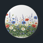 Wildflower meadow botanical garden flowers ronde button 7,6 cm<br><div class="desc">Natural wildflower meadow with delicate botanical blossoms. A colorful mix of meadow flowers and daisies creates a lively spring nature scene inspired by blooming fields.</div>