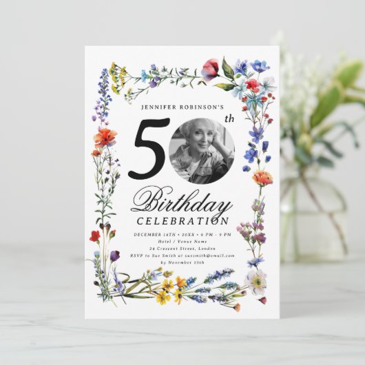 Wildflower Meadow Foto 50ste verjaardagsfeest Kaart (Staand voorkant)