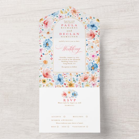 Wildflower Meadow Garden Bloemenboog bruiloft All In One Uitnodiging (Binnen)