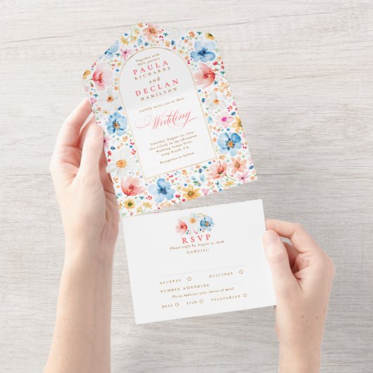 Wildflower Meadow Garden Bloemenboog bruiloft All In One Uitnodiging (Afscheurbaar)
