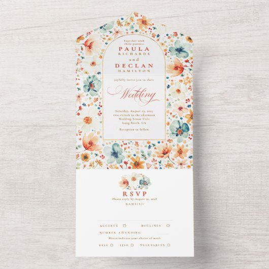 Wildflower Meadow Garden Bloemenboog bruiloft All In One Uitnodiging (Binnen)