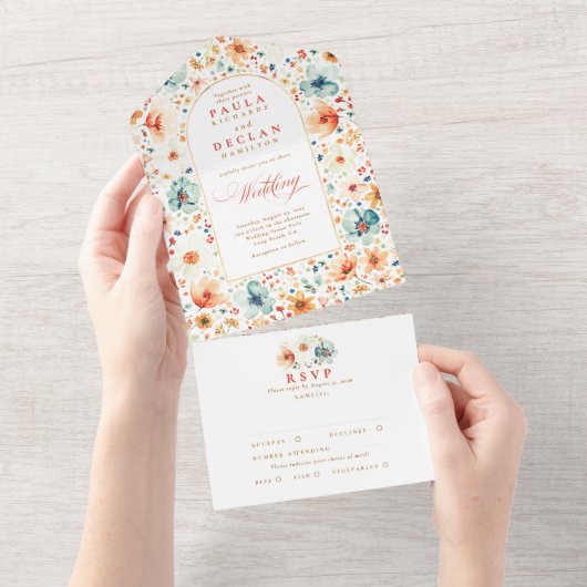 Wildflower Meadow Garden Bloemenboog bruiloft All In One Uitnodiging (Afscheurbaar)