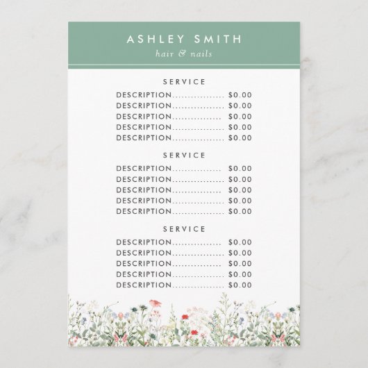 Wildflower Meadow Prijs Menu (Achterkant)