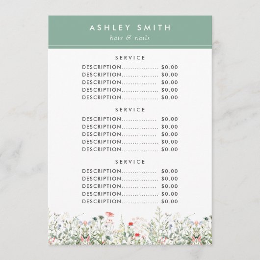 Wildflower Meadow Prijs Menu (Voorkant)