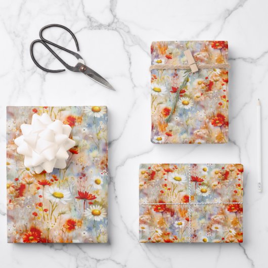 Wildflower Meadow Red Poppies Daisies Inpakpapier Vel (Voorkant)