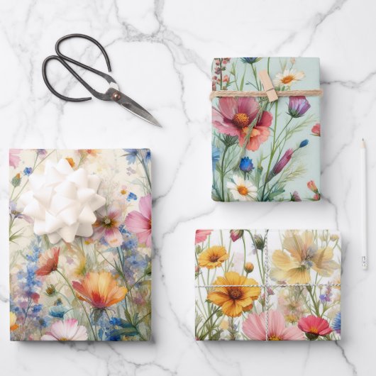 Wildflower Meadow Roze, Rood, Geel, Paarse, Blauw Inpakpapier Vel (Voorkant)
