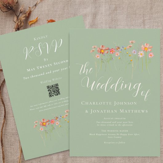 Wildflower Meadow Sage Green QR Code Wedding Kaart