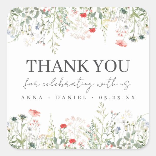 Wildflower Meadow Wedding Dank u Square Sticker (Voorkant)
