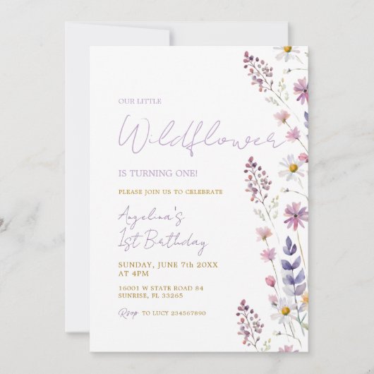 Wildflower meisje 1e verjaardag uitnodiging (Voorkant)
