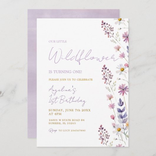 Wildflower meisje 1e verjaardag uitnodiging (Voorkant / Achterkant)