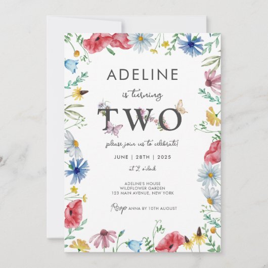 Wildflower Meisje 2e Verjaardag Bloemenvlinder Sch Kaart (Voorkant)