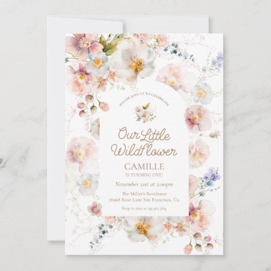 Wildflower meisje eerste verjaardag uitnodiging (Voorkant)