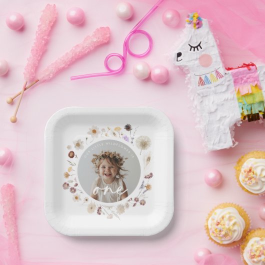 Wildflower Meisje Foto 1e verjaardag Papieren Bordje (Feest)