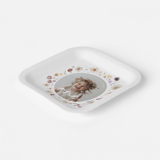 Wildflower Meisje Foto 1e verjaardag Papieren Bordje (Gebogen)