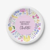 Wildflower Meisjes 1e Verjaardag Bloemen Krans Papieren Bordje (Voorkant)