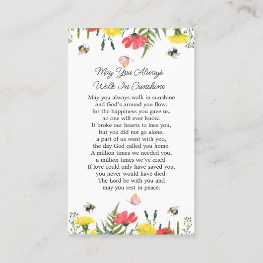 Wildflower Memorial Photo Funeral Prayer Card Visitekaartje (Achterkant)