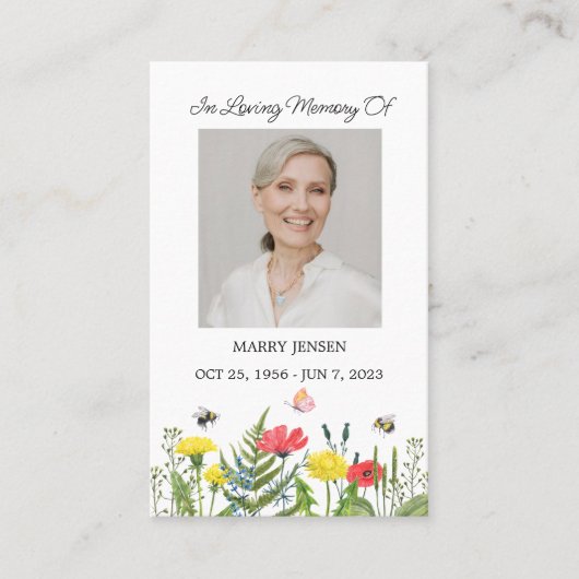 Wildflower Memorial Photo Funeral Prayer Card Visitekaartje (Voorkant)